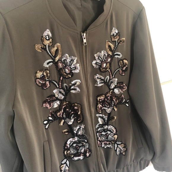 Lightweight bomber jacket.  Chico"s size 1.  Bling. Olive green. - Picture 2 of 7